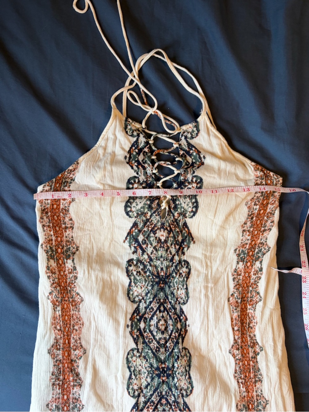 O'Neill White Lace-Up Midi Dress with Blue and Rust Embroidery - Picture 3 of 4